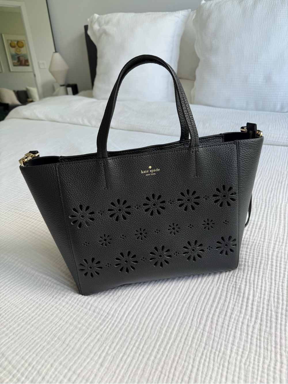 kate spade Black Perforated Floral Leather Tote with Top Handles